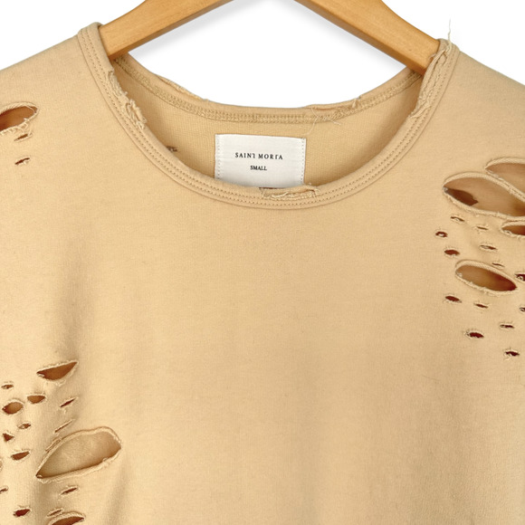 Saint Morta | Men's Small | Destroyed Longline Rounded Hem T-Shirt in Sandstone - Picture 3 of 6